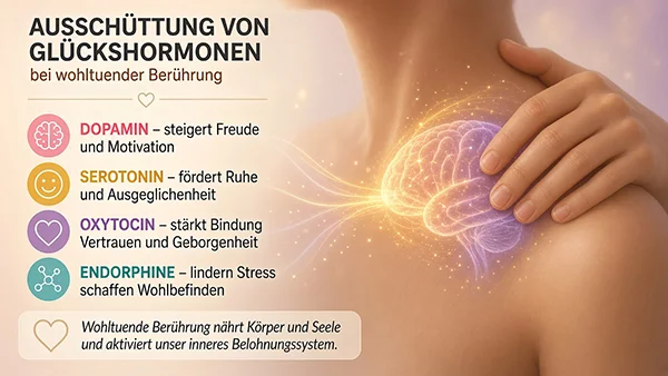 Ausschüttung von Glückshormonen bei wohltuender Berührung Ausschüttung der Glückshormone bei wohltuender Berührung: Serotonin, Dopamin, Oxytocin und Endorphin – erklärt im Spa Sensuel Zürich